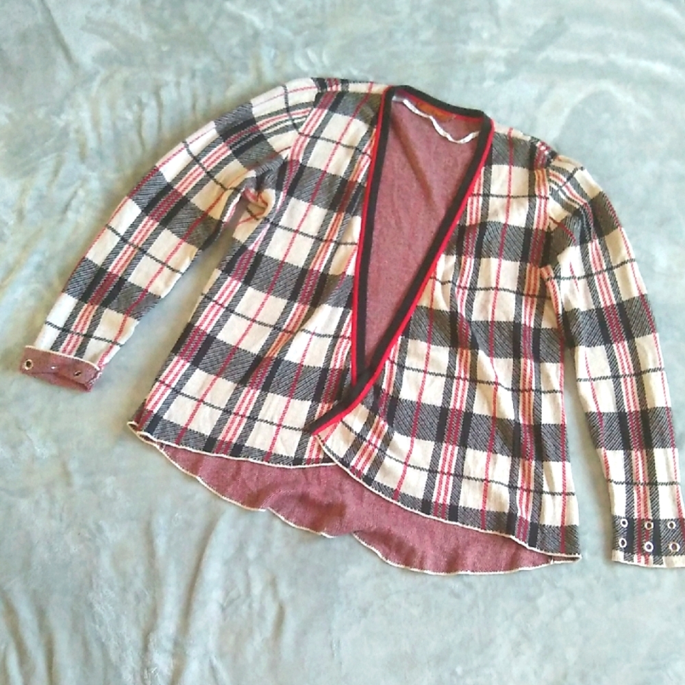 Belldini Black and Red Plaid Open-Front Cardigan